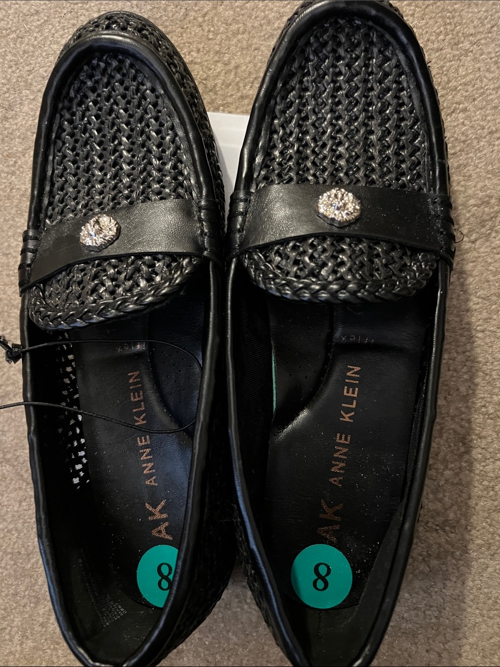 Anne Klein Black Woven Slip-On Loafers with Decorative Accent